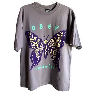 Obey Worldwide Mauve Heavyweight T with Smiling Butterfly Graphic size L